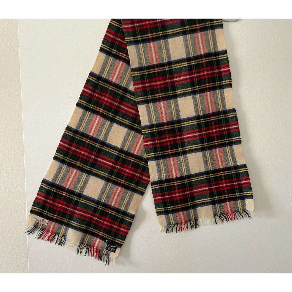 The Scotch House Cashmere Wool Scarf Red Green Plaid Tartan Fringe 52x11" Vtg